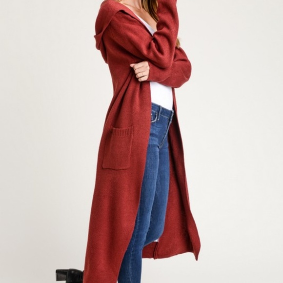 Long Hooded Duster Red Jacket Cardigan Coat Pocket - Picture 5 of 5